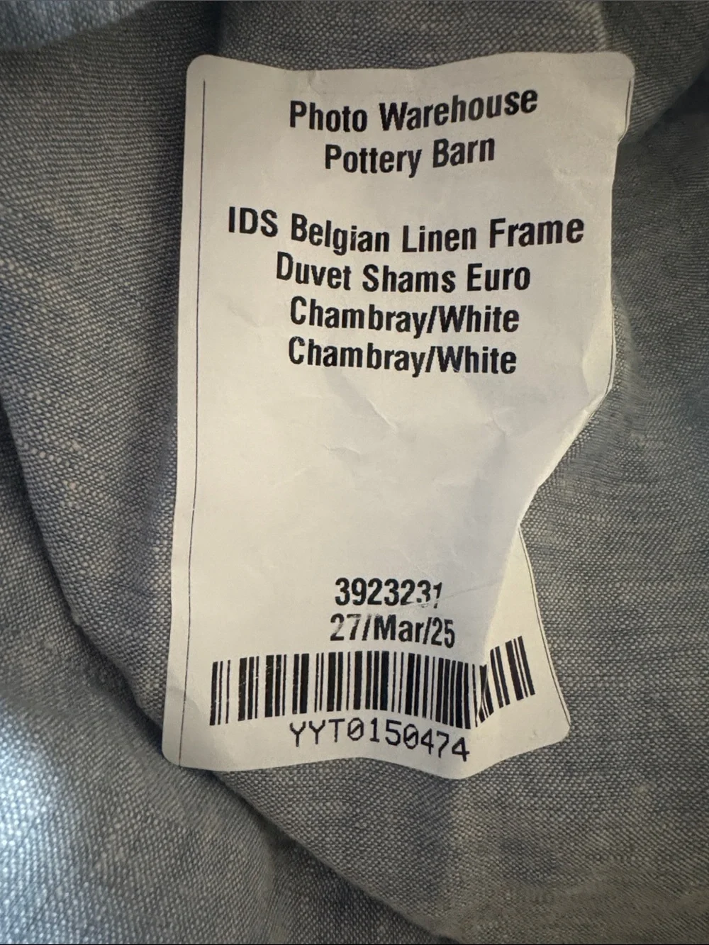 Pottery Barn ONE Euro Belgian Flax Linen Frame Sham Chambray/White